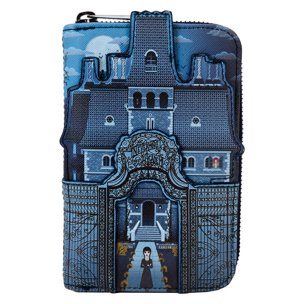 Portefeuille Loungefly Wednesday Nevermore Academy fermé avec logo officiel sur fond noir