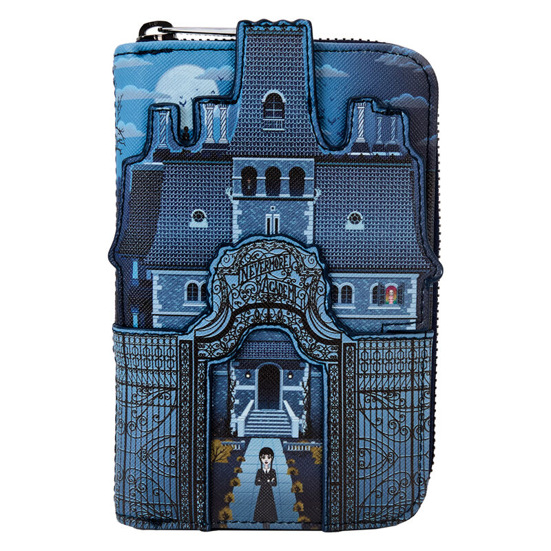 Portefeuille Loungefly Wednesday Nevermore Academy fermé avec logo officiel sur fond noir