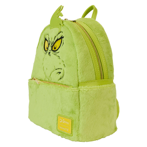 Détail du visage du Grinch brodé sur le sac à dos Loungefly