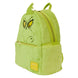 Détail du visage du Grinch brodé sur le sac à dos Loungefly