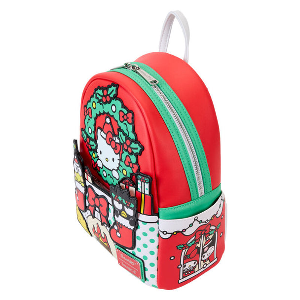 Détail des bandoulières rembourrées et réglables en vert hivernal du sac à dos Loungefly Hello Kitty Noël