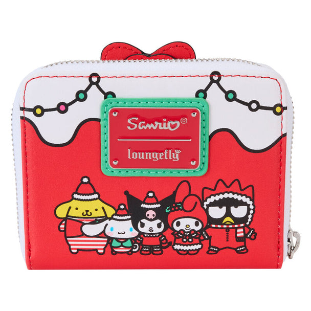 Gros plan sur le porte-carte transparent en forme d'arbre de Noël intégré au portefeuille Loungefly Hello Kitty