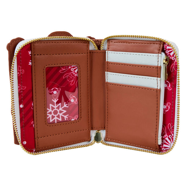 Détail des compartiments internes du portefeuille Loungefly avec motifs festifs Disney