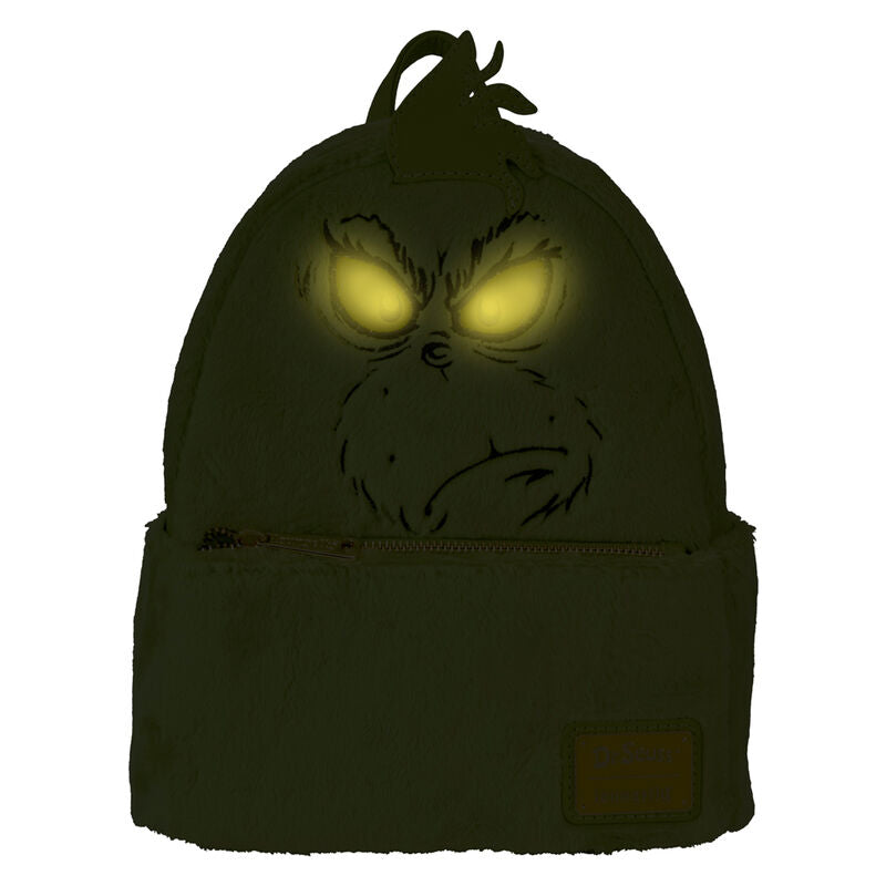 Vue latérale du sac à dos Loungefly Grinch montrant la fermeture éclair robuste