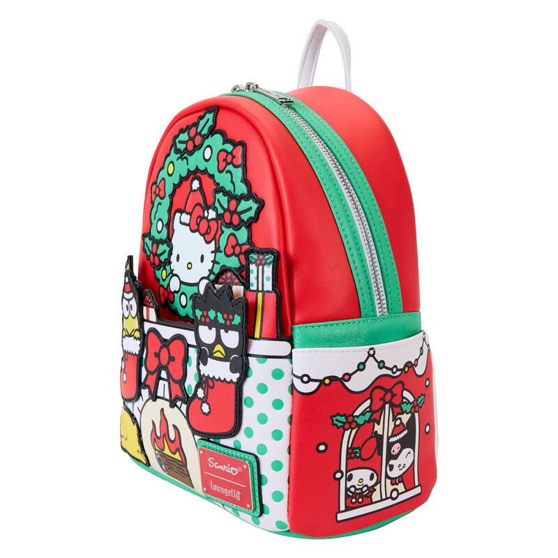 Poches latérales du sac à dos avec illustrations de Noël sur le modèle Loungefly Sanrio Hello Kitty