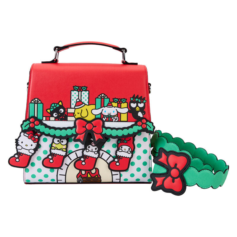 Vue latérale du sac Loungefly Hello Kitty montrant les appliqués, embossages et paillettes scintillantes