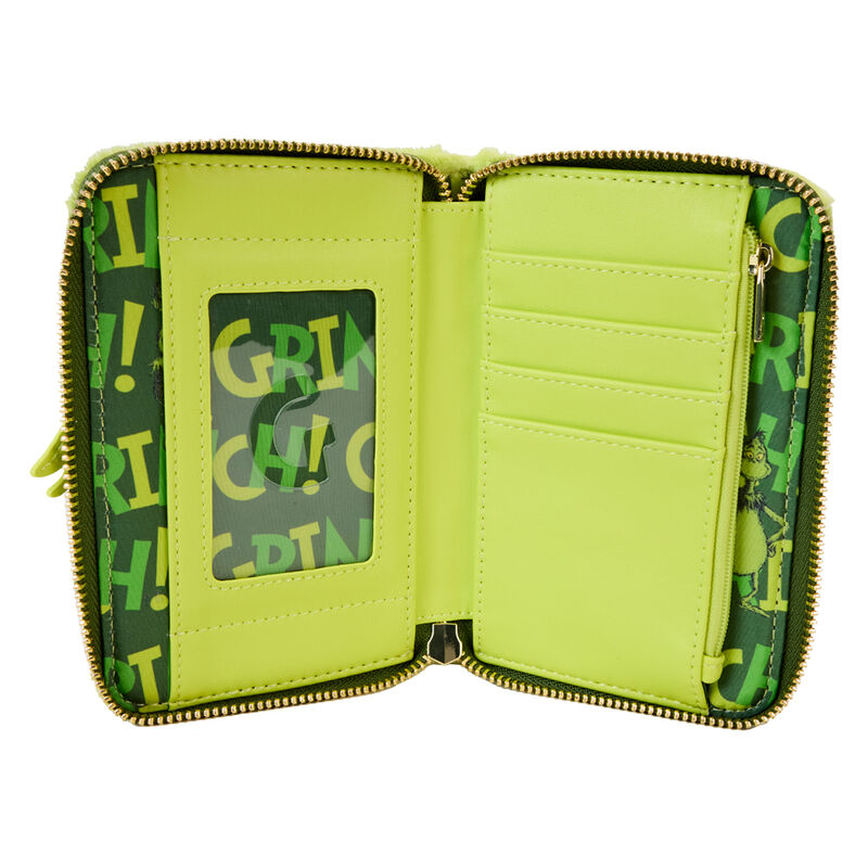 Portefeuille Loungefly Grinch posé sur une surface neutre mettant en valeur ses finitions