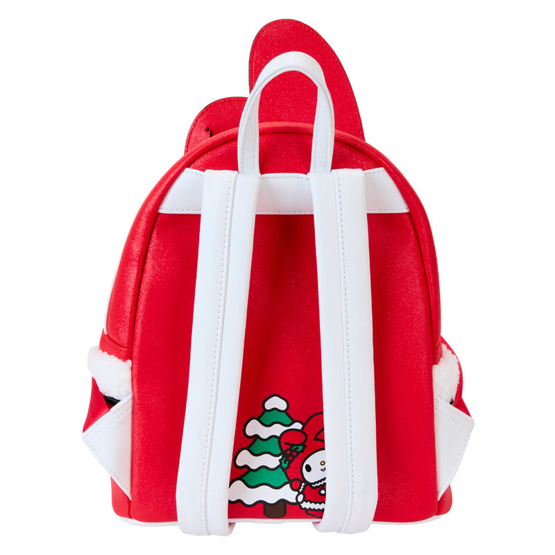 Détails des finitions en métal argenté, broderies et glitter sur le sac à dos Loungefly Sanrio