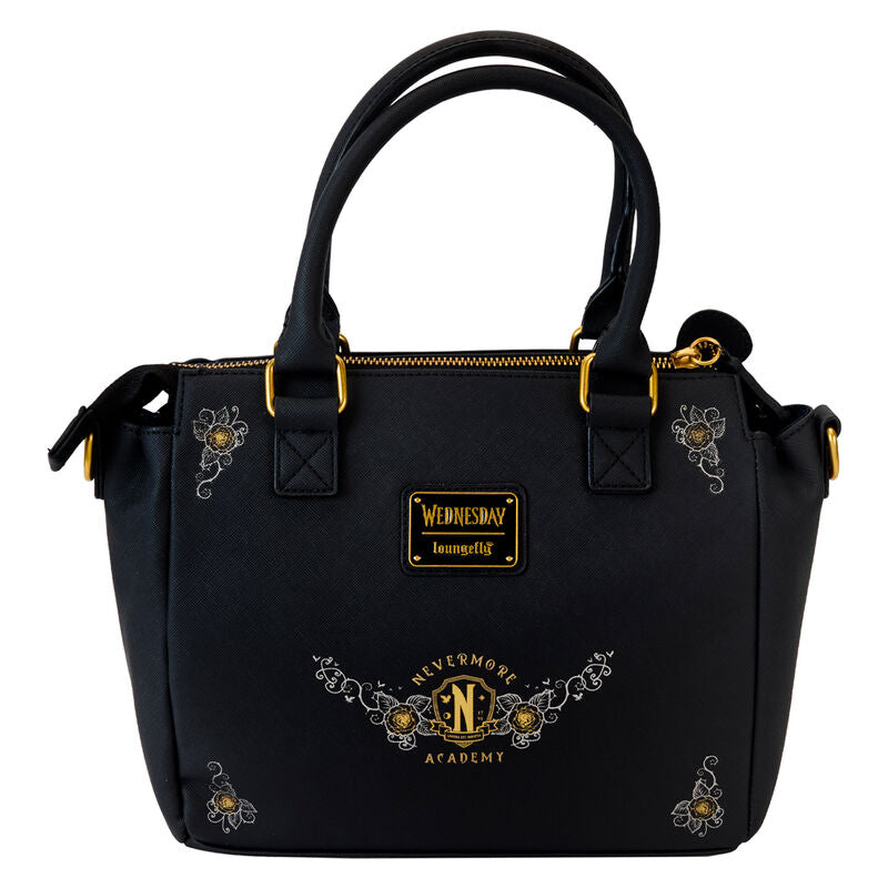 Vue arrière du sac épaule Loungefly Wednesday avec fermeture zippée et logo de la marque