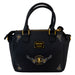 Vue arrière du sac épaule Loungefly Wednesday avec fermeture zippée et logo de la marque