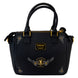 Vue arrière du sac épaule Loungefly Wednesday avec fermeture zippée et logo de la marque