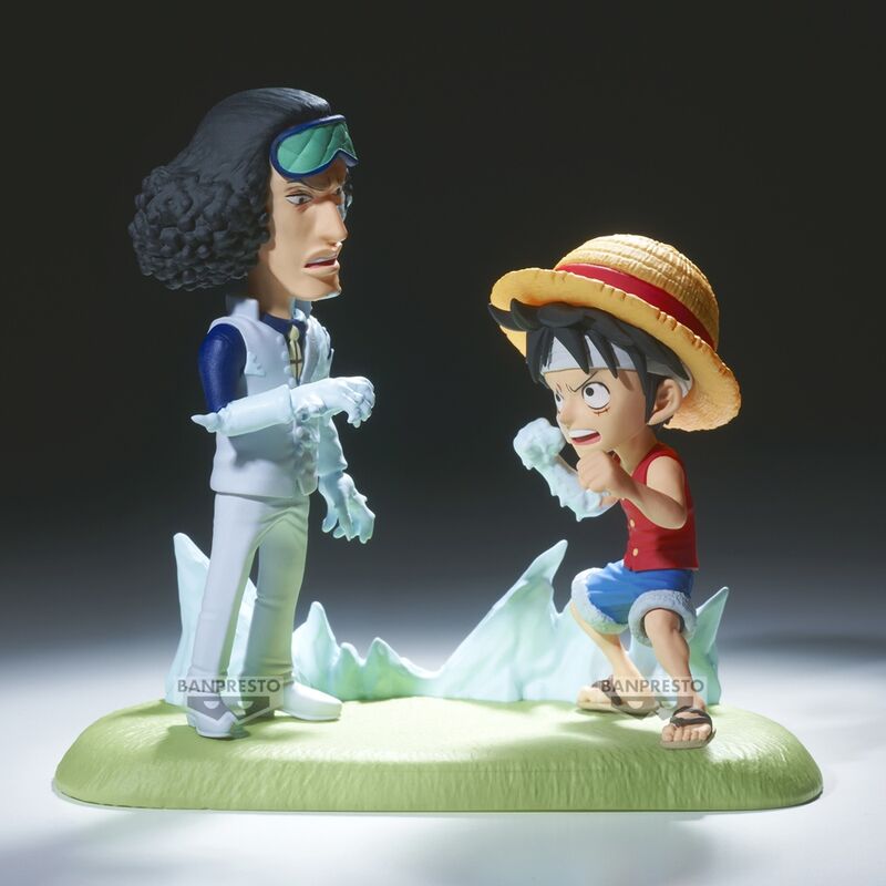 Figurine One Piece BANPRESTO montrant Luffy et Kuzan face à face, collection 9 cm