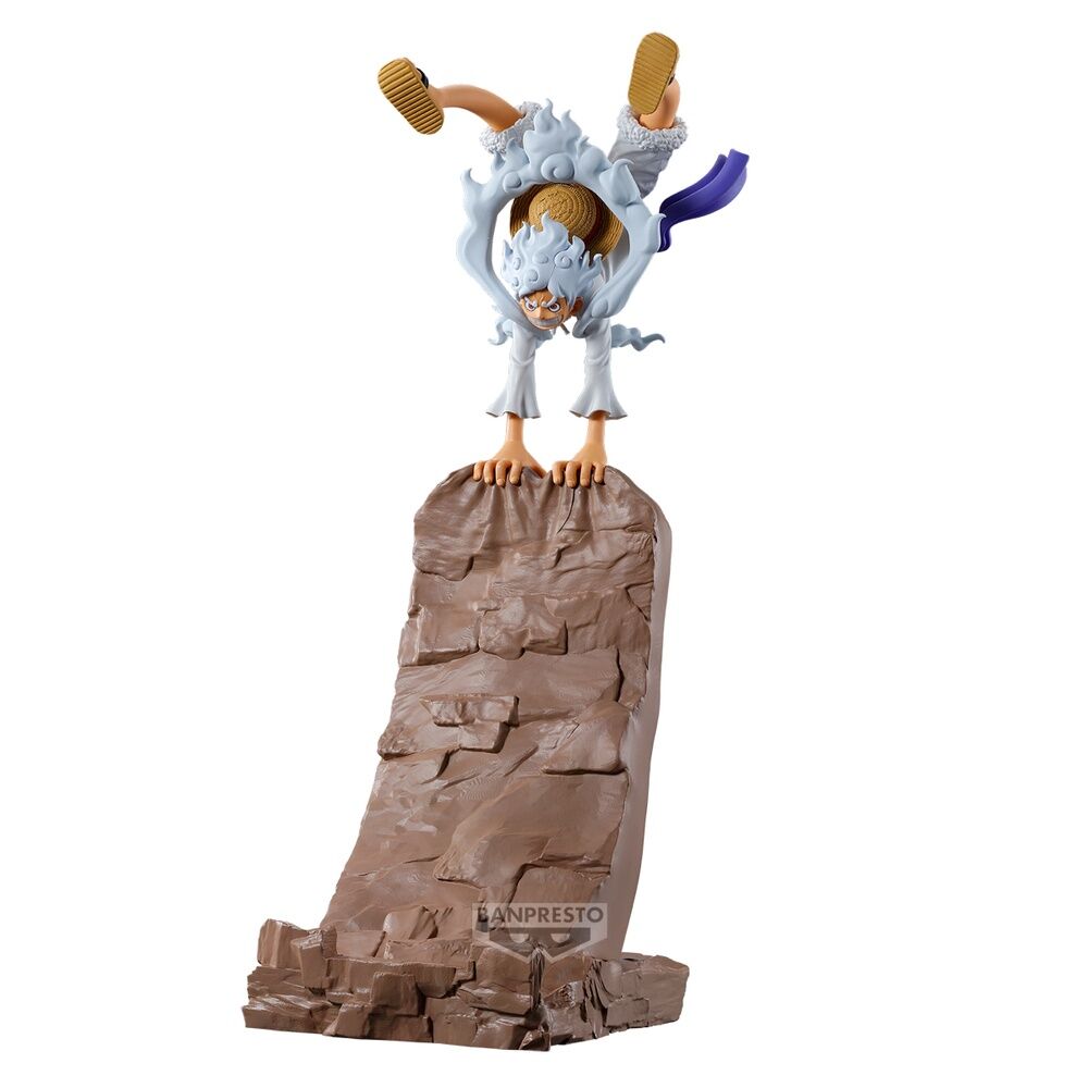 Figurine officielle Monkey D Luffy Gear 5 de 14 cm avec support, réalisée par BANPRESTO, parfaite pour collectionneurs de One Piece.