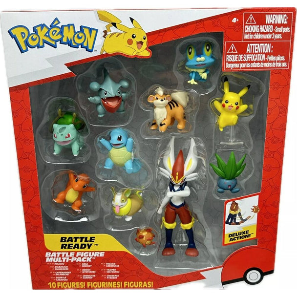 Pack de 10 figurines Pokémon Battle Ready JAZWARES, tailles variées de 5 à 11 cm, présentées sur fond blanc