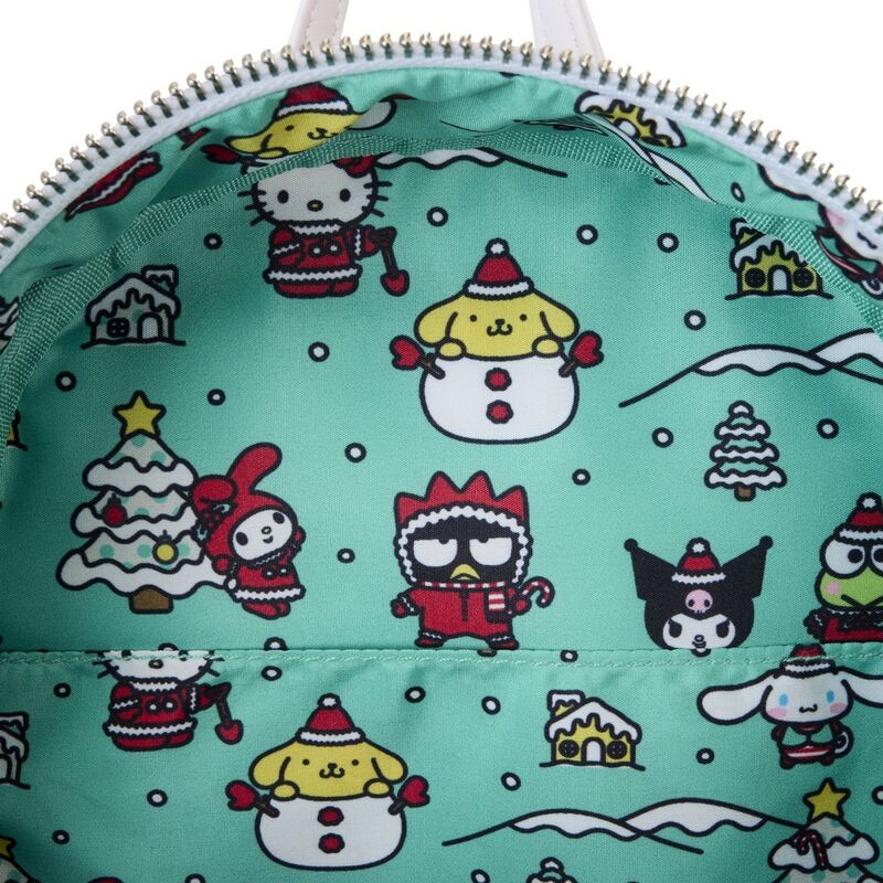Détails des finitions en métal argenté, broderies et paillettes sur le sac à dos Loungefly Hello Kitty Noël
