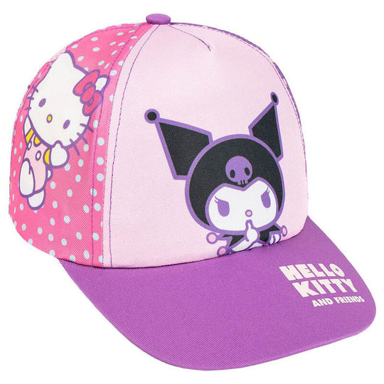Casquette Hello Kitty Kuromi CERDÁ vue de face avec le logo coloré sur fond rose