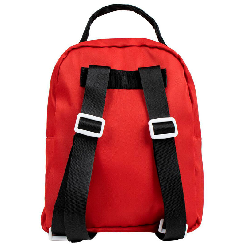 Vue latérale du sac à dos Hello Kitty 23 cm montrant les bretelles ajustables et la qualité du tissu.