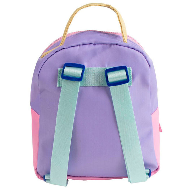 Vue latérale du sac à dos Stitch Disney montrant la texture polyester et les dimensions compactes