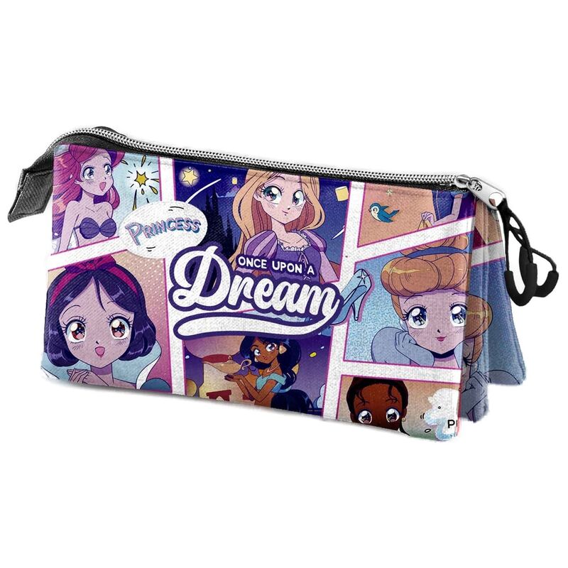 Trousse triple Disney Princess KARACTERMANIA aux dimensions 23x8x11 cm avec design coloré et compartiments multiples pour crayons et accessoires scolaires.