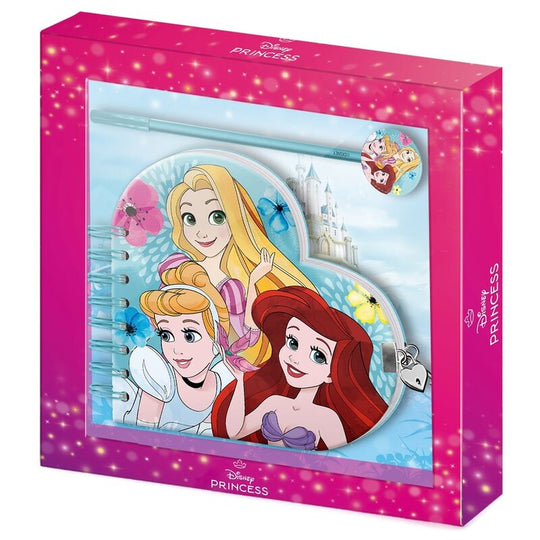 Set Disney Princess diary avec stylo, dimensions 24x23x2,5cm, design coloré avec personnages Disney.