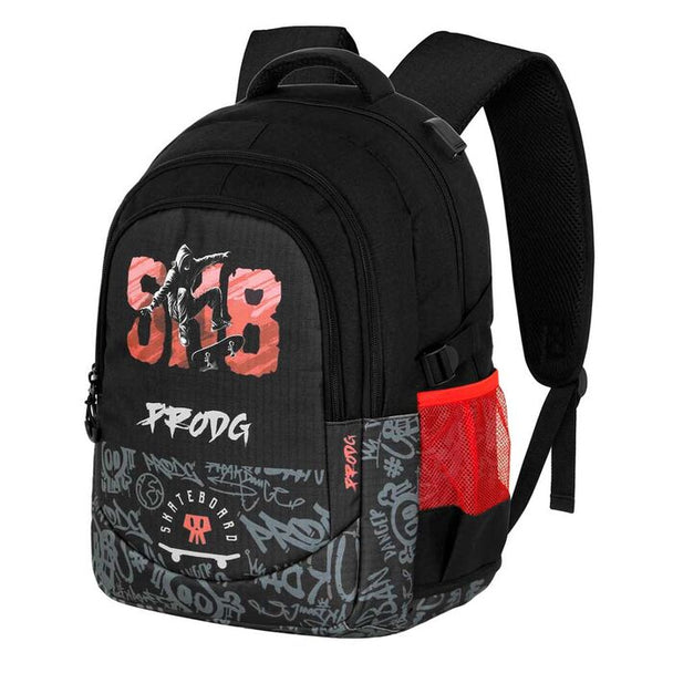 Vue latérale du sac à dos PRO DG SK8 Running montrant les compartiments zippés