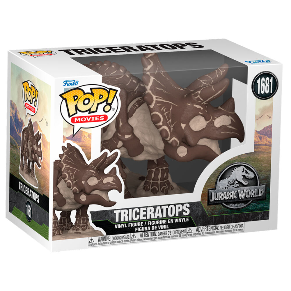 Vue rapprochée de la figurine Funko POP Triceratops Jurassic World montrant les détails et couleurs vives