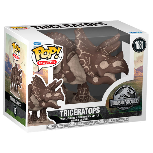 Vue rapprochée de la figurine Funko POP Triceratops Jurassic World montrant les détails et couleurs vives