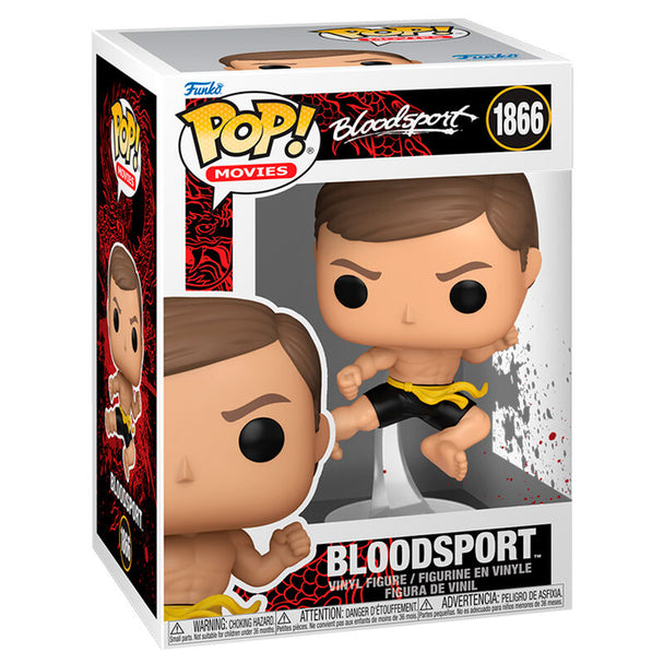 Vue rapprochée de la figurine Funko POP Bloodsport Van Damme montrant les détails du visage et du costume.