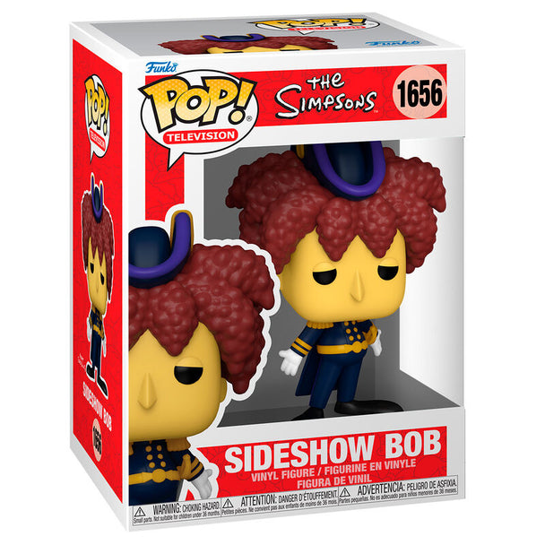 Figurine Funko POP Sideshow Bob des Simpsons en vinyle haute qualité, vue de face avec détails colorés et emballage cadeau.