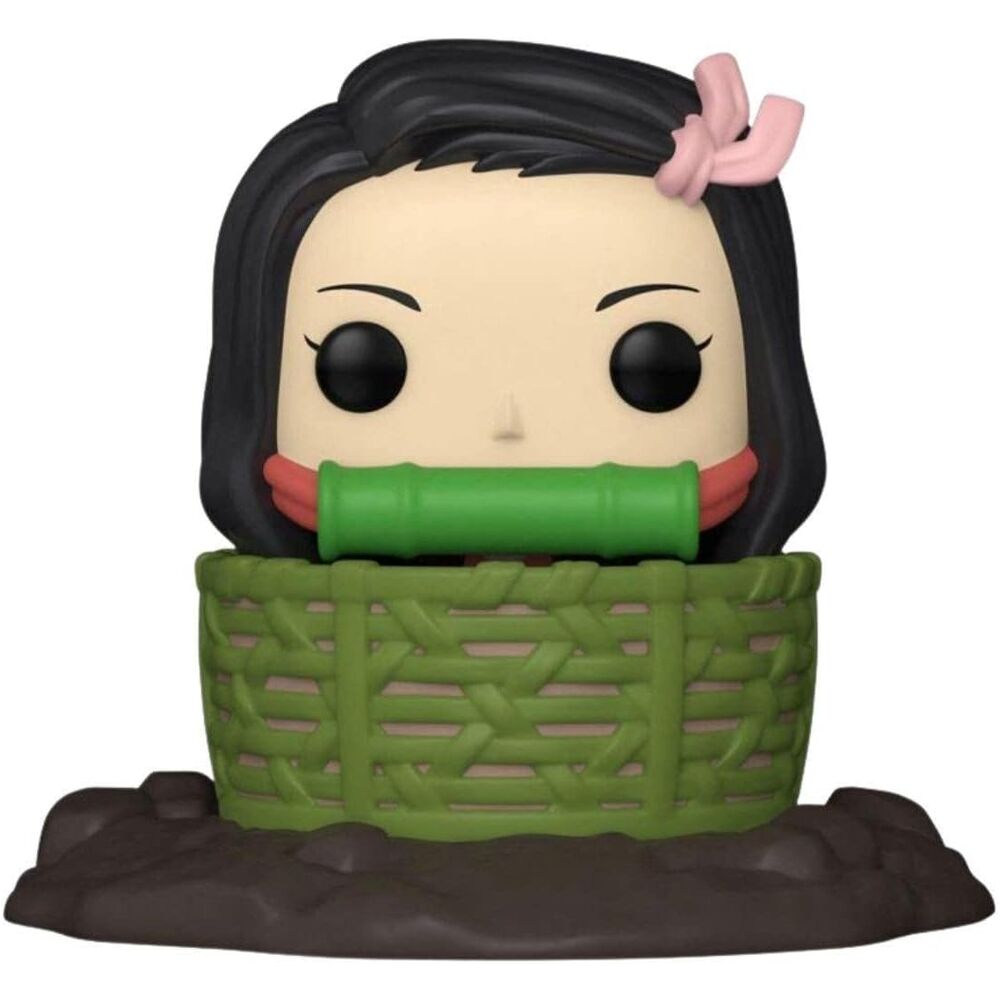Figurine Funko exclusive de Nezuko Kamado en position assise dans son panier, avec une vue latérale mettant en valeur les couleurs et la finition.