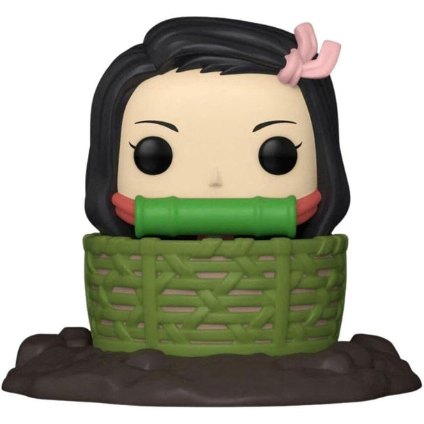 Figurine Funko exclusive de Nezuko Kamado en position assise dans son panier, avec une vue latérale mettant en valeur les couleurs et la finition.