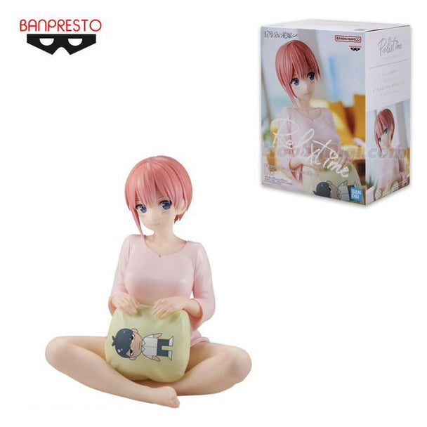 Figurine Ichika Nakano de 12 cm issue de The Quintessential Quintuplets, fabriquée par BANPRESTO, montrant le personnage en pose détendue.