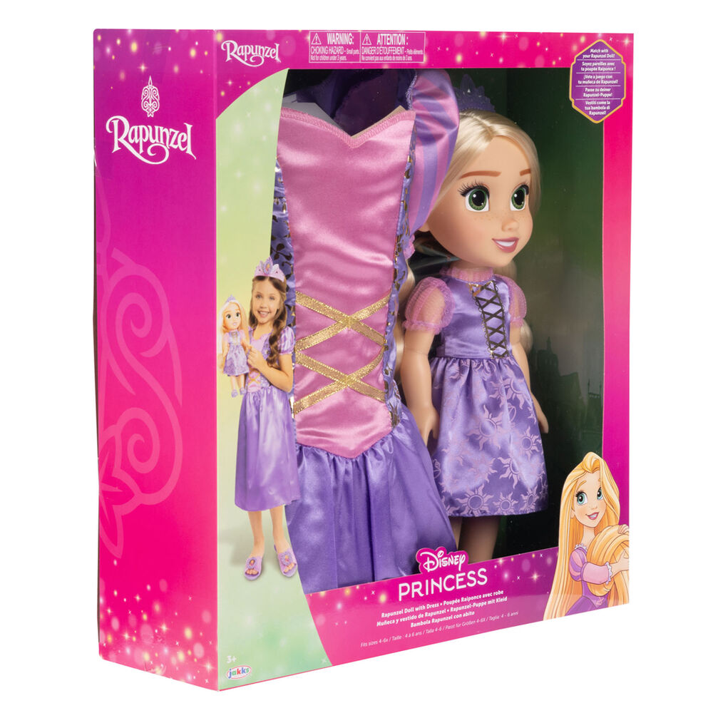 Poupée Raiponce Disney avec accessoires et costume taille unique présentée sur fond blanc