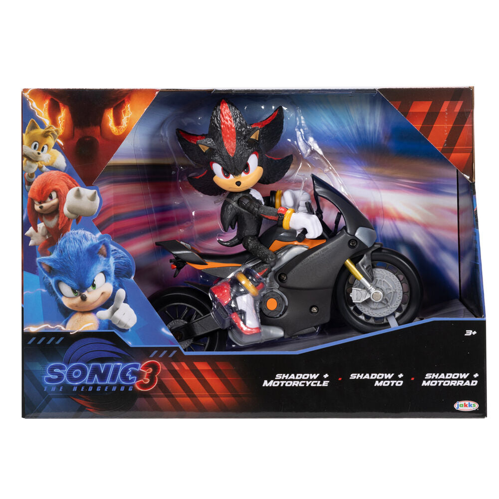 Figurine Shadow Sonic de 13 cm posée à côté du véhicule Sonic 3 de JAKKS PACIFIC en gros plan