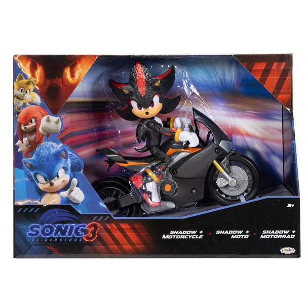 Figurine Shadow Sonic de 13 cm posée à côté du véhicule Sonic 3 de JAKKS PACIFIC en gros plan