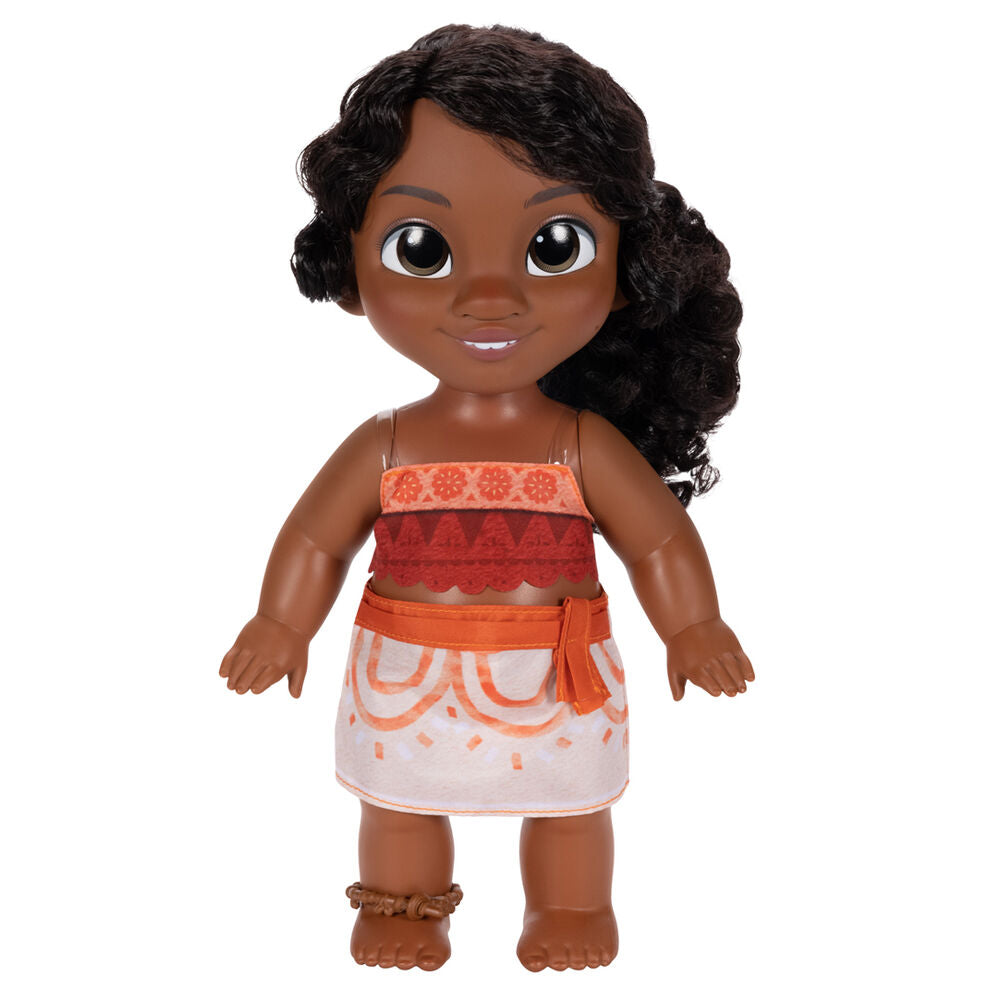 Vue latérale de la poupée Disney Vaiana Moana mettant en valeur ses vêtements colorés