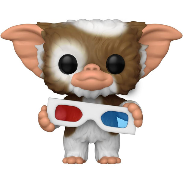 Zoom sur la figurine Funko POP Gizmo des Gremlins avec lunettes 3D, détails du visage et boîte vitrine