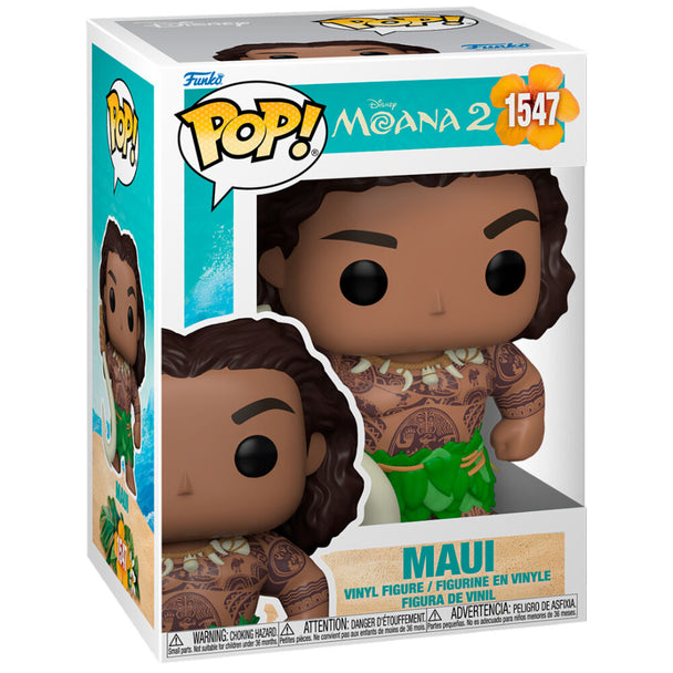 Figurine Funko POP en vinyle de Maui du film Disney Vaiana, hauteur 9 cm, présentée dans sa boîte cadeau officielle.