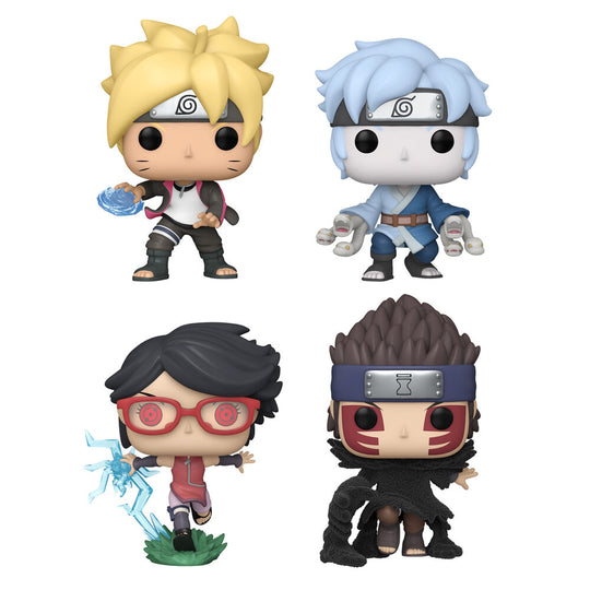 Pack de 4 figurines FUNKO POP exclusives Boruto avec Boruto, Mitsuki, Sadara et Shinki en présentation détaillée.