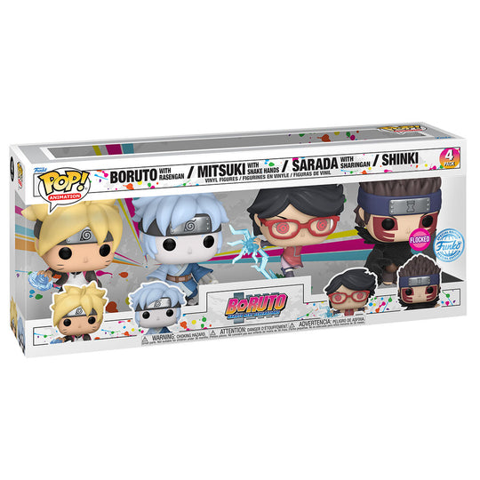 Vue rapprochée des figurines FUNKO POP Boruto montrant les détails précis des personnages Mitsuki, Sadara et Shinki.