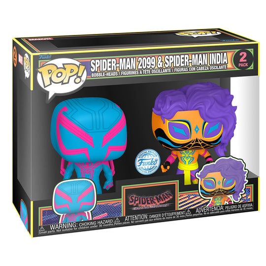 Figurine FUNKO POP Spider-Man 2099 en position dynamique avec costume bleu et rouge détaillé