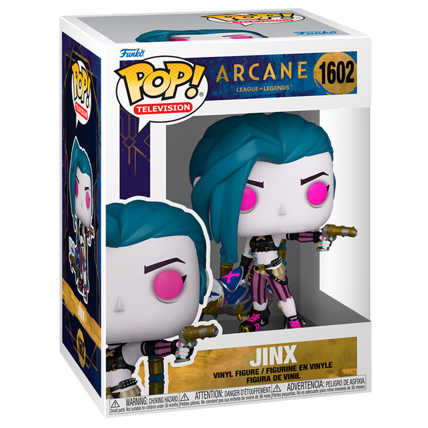 Vue de face de la figurine Funko POP Jinx de la série Arcane, personnage emblématique de League of Legends