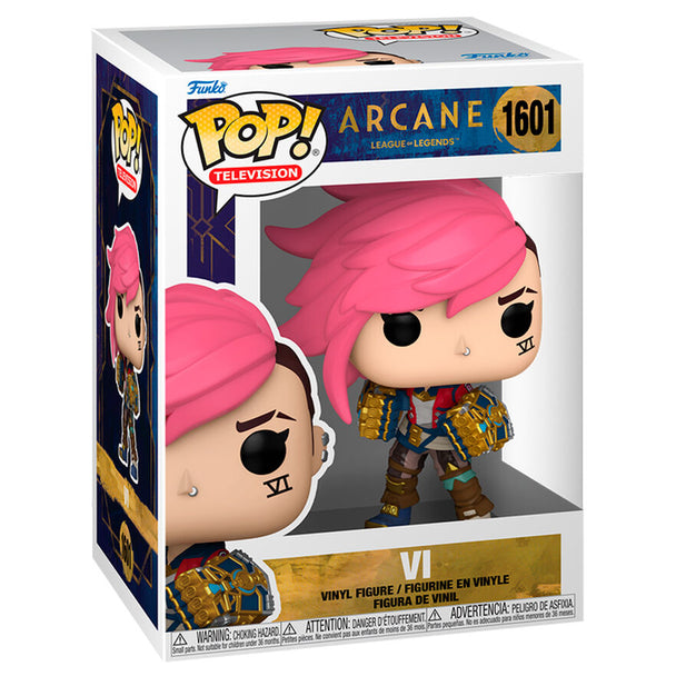 Vue rapprochée de la figurine Funko POP Arcane VI de League of Legends montrant les détails du visage et du costume.