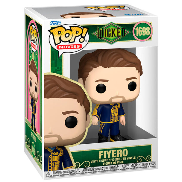 Vue rapprochée de la figurine Funko POP Wicked Fiyero montrant les détails du visage et du costume en vinyle.