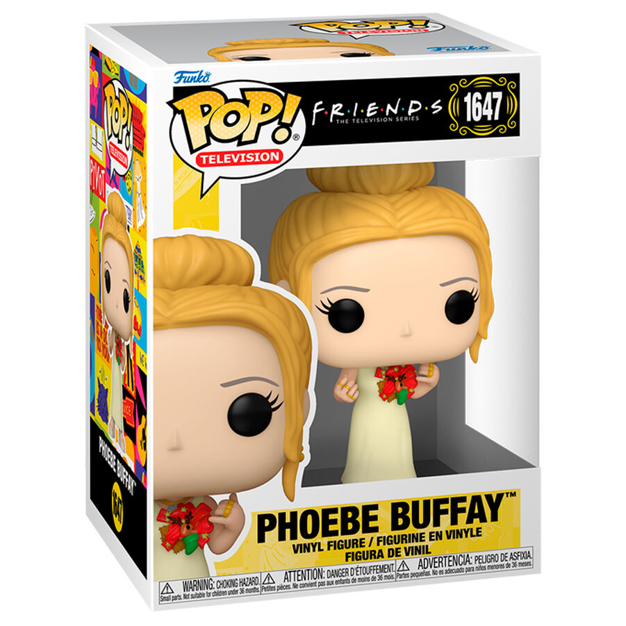 Vue rapprochée de la figurine Funko POP Phoebe Buffay avec ses détails caractéristiques et sa posture iconique.