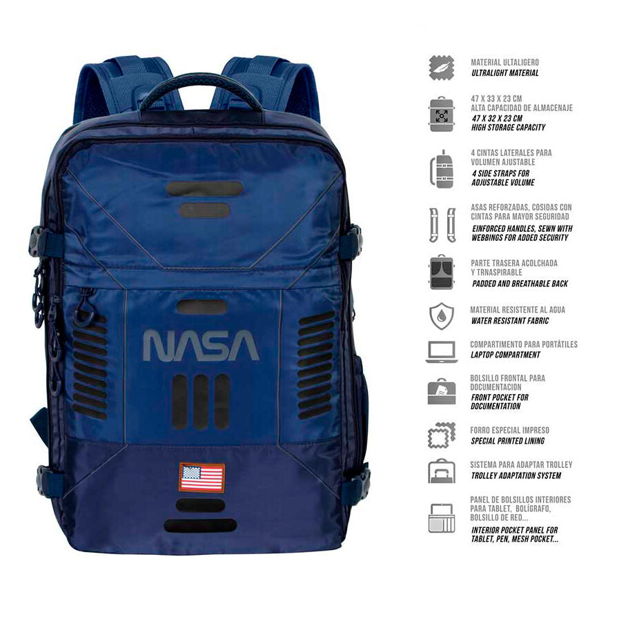 Profil du sac à dos NASA montrant les bretelles réglables et la structure robuste