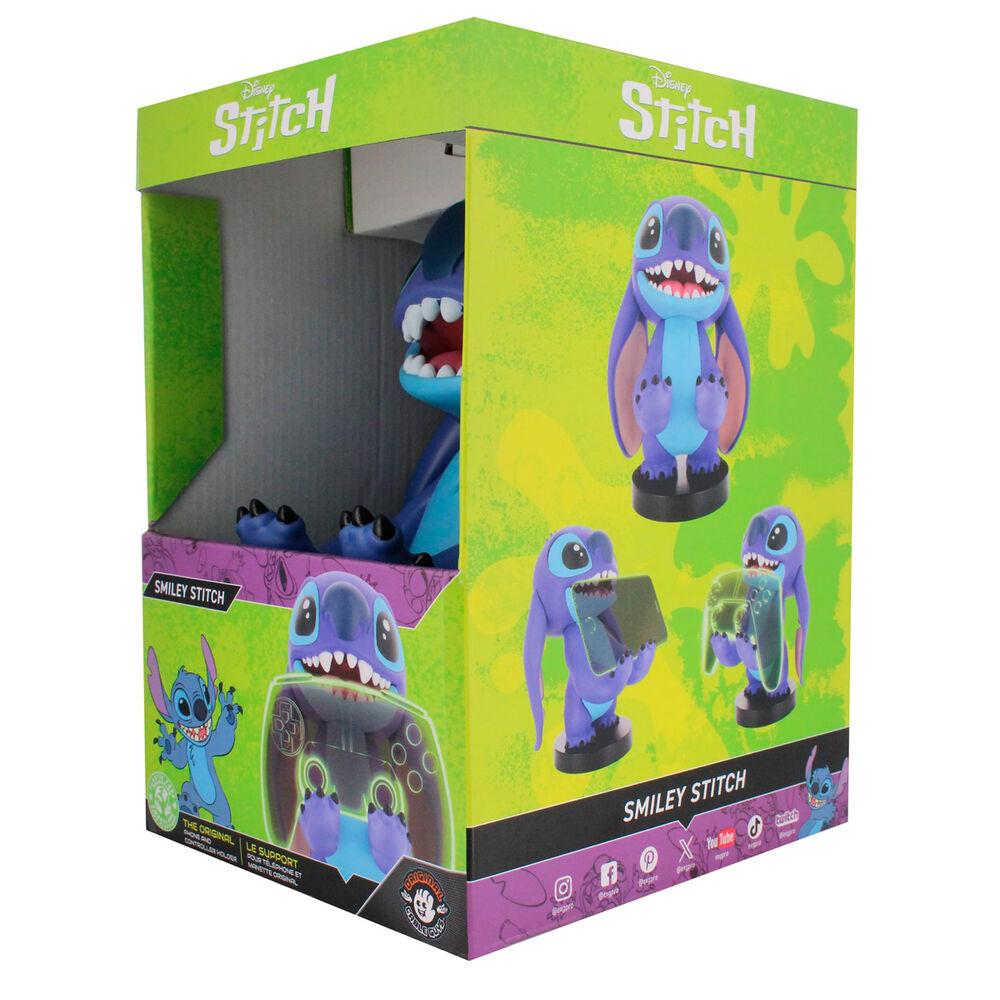 Détail du visage et des couleurs vives du personnage Stitch sur le support Cable Guy