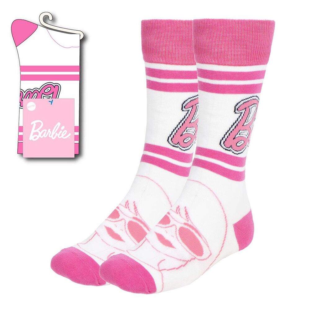 Chaussettes adultes Barbie CERDÁ taille 41-45 avec motifs colorés et logo distinctif sur fond blanc
