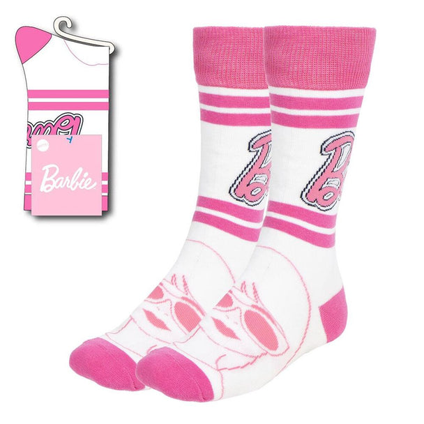 Chaussettes adultes Barbie CERDÁ taille 41-45 avec motifs colorés et logo distinctif sur fond blanc