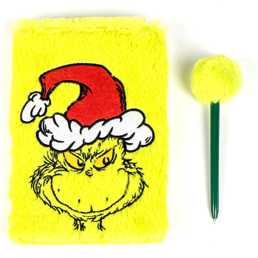 Stylo vert à l'effigie du Grinch avec motifs festifs sur fond blanc